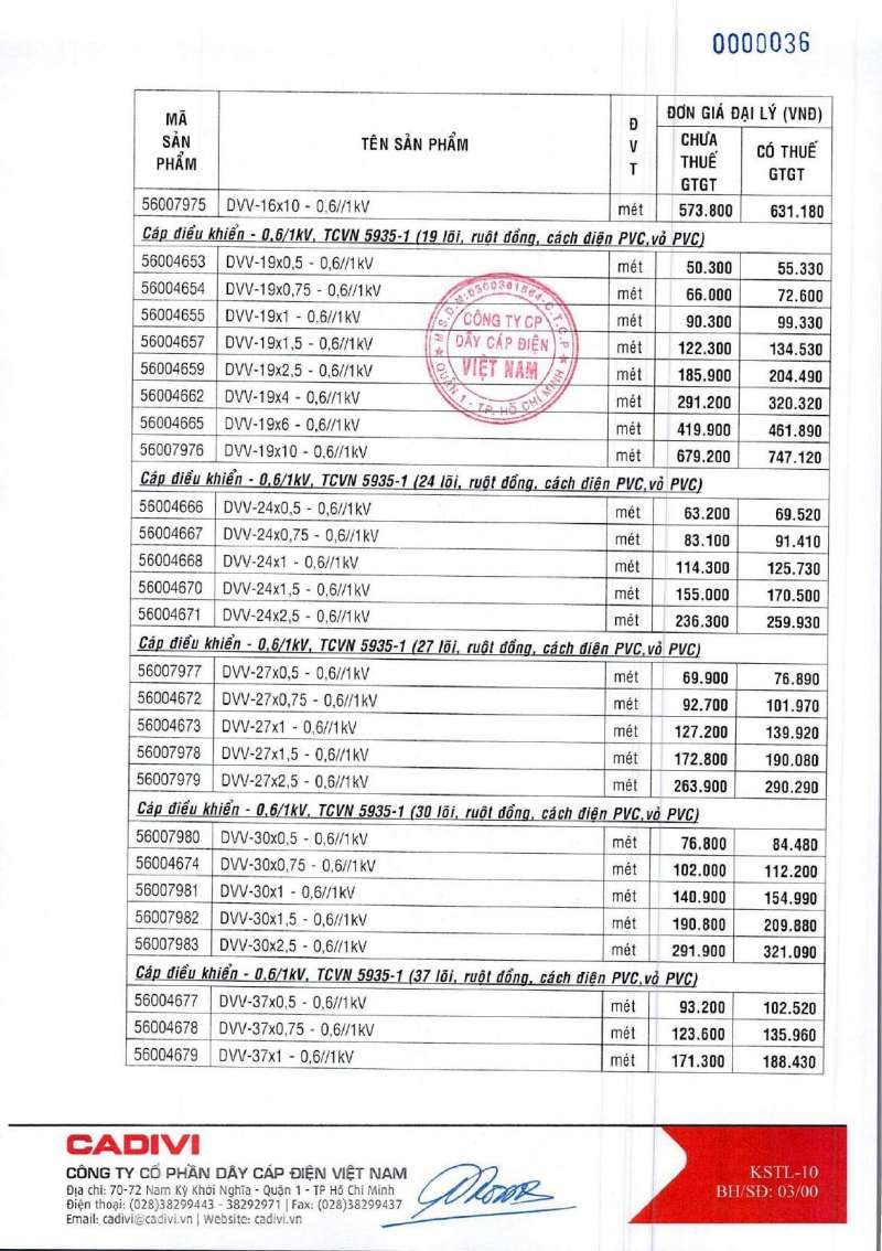 giá dây cáp điều khiển cadivi)